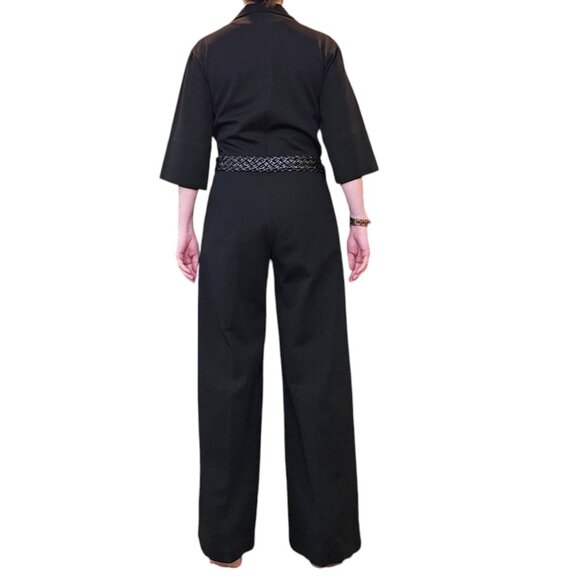 70s Womens Jumpsuit Black Wide Leg Zipup Polyester Disco Bellbottom Sz M 8 10 - Picture 6 of 12